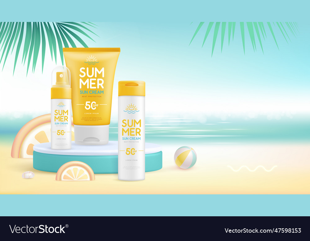 Summer background with 3d stage and sunscreen Vector Image