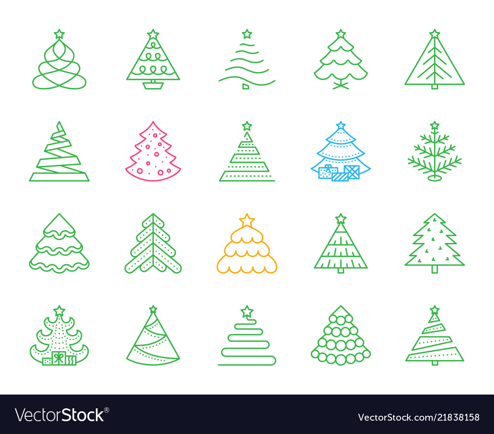 Christmas tree simple color line icons set