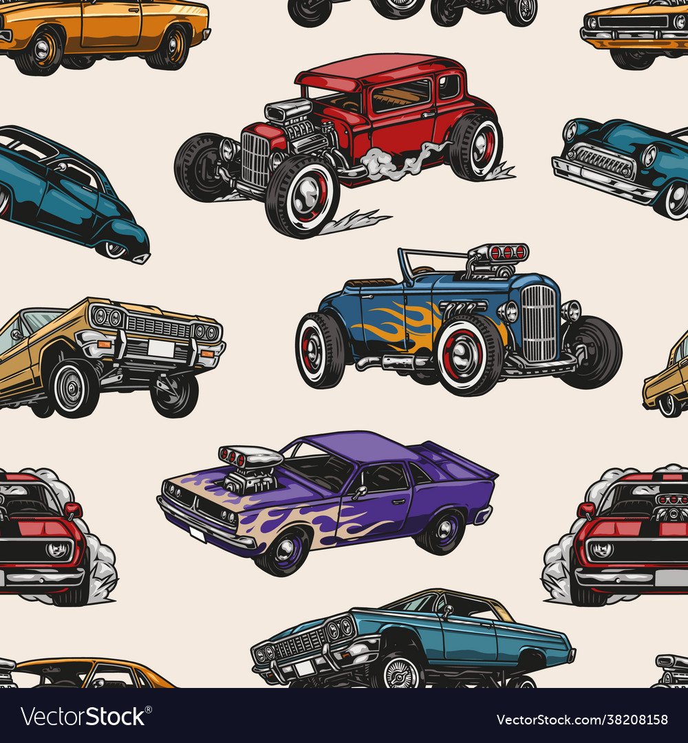 Custom cars vintage colorful seamless pattern Vector Image