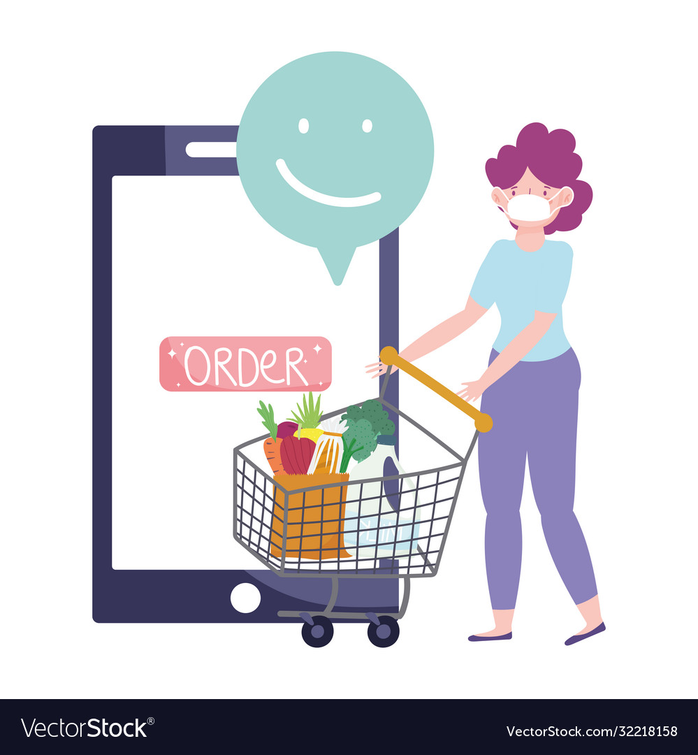 Online market woman with shopping cart ordering