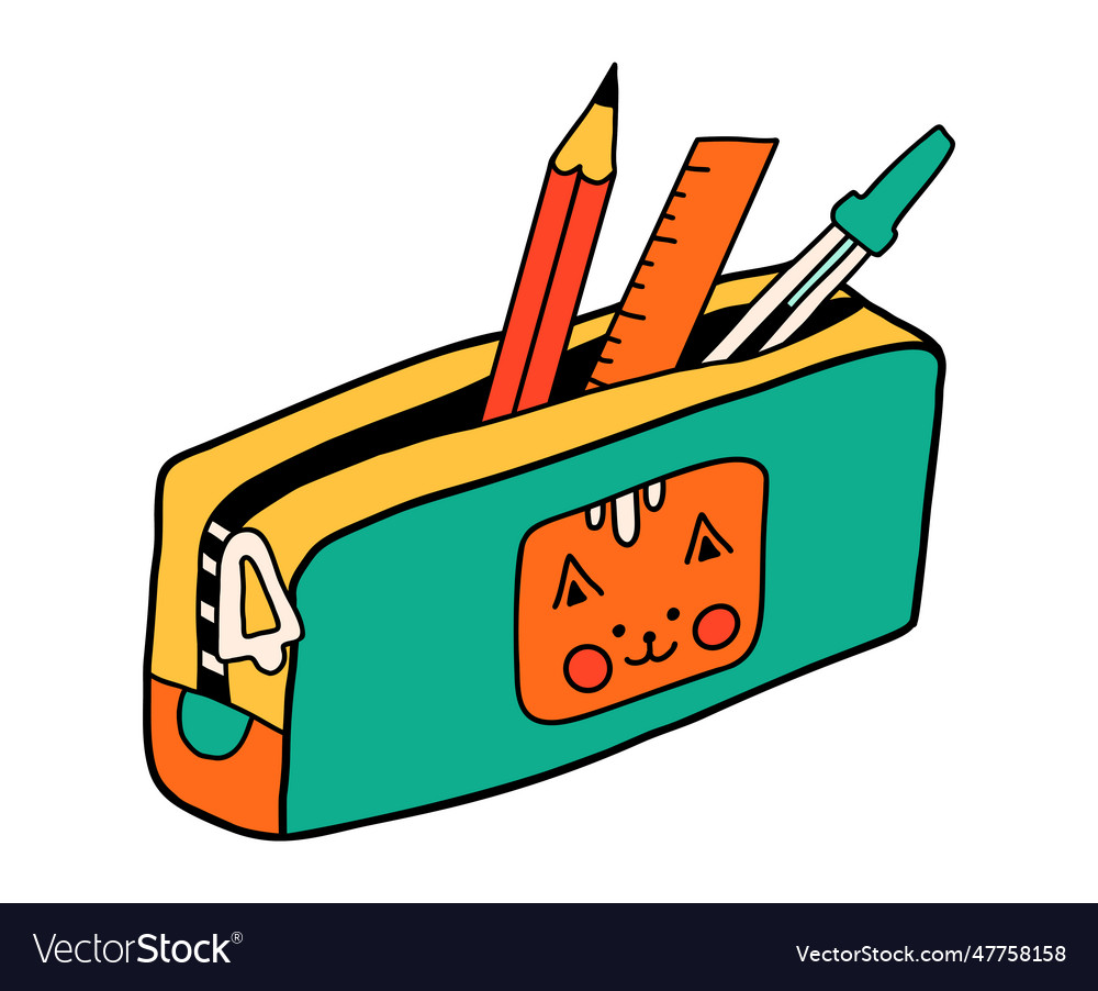 School pencil case cartoon in doodle retro style Vector Image