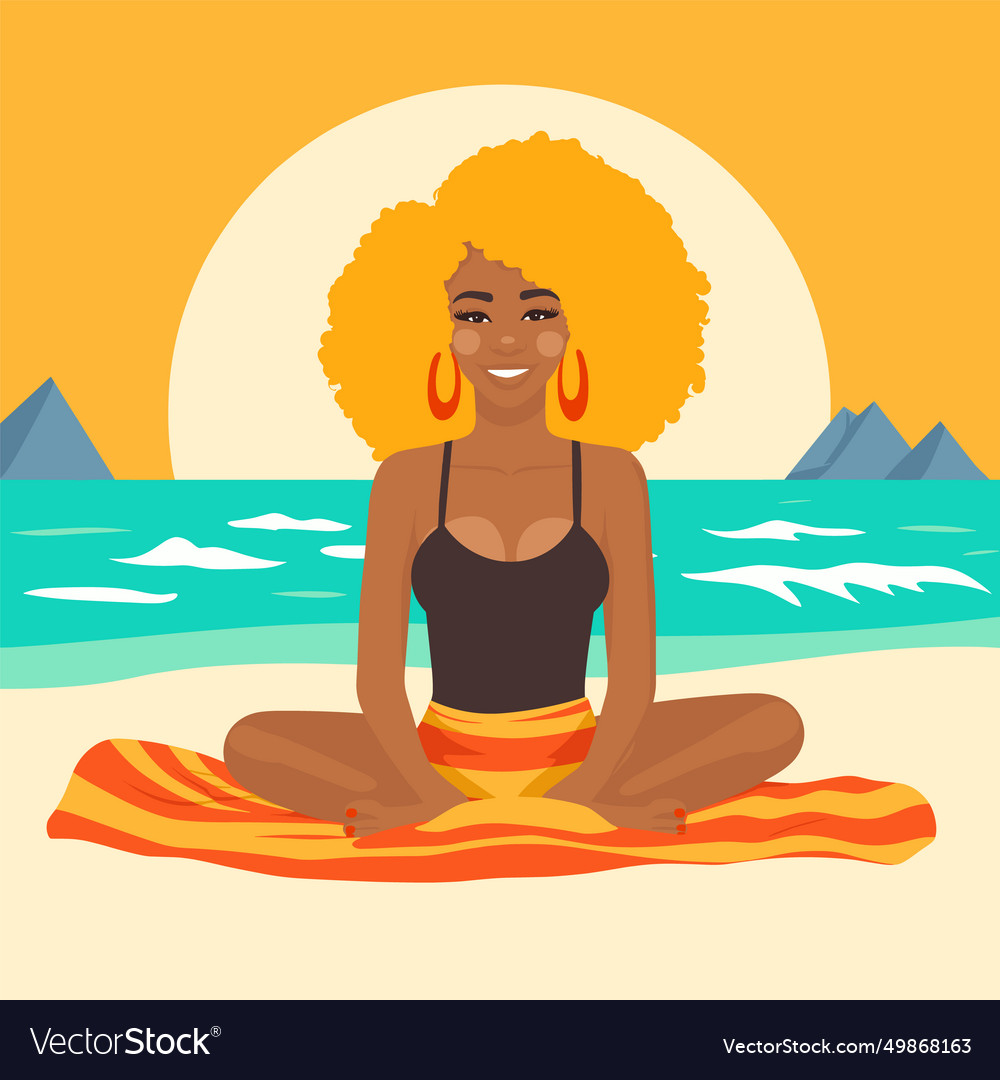 African american woman meditating on beach towel Vector Image