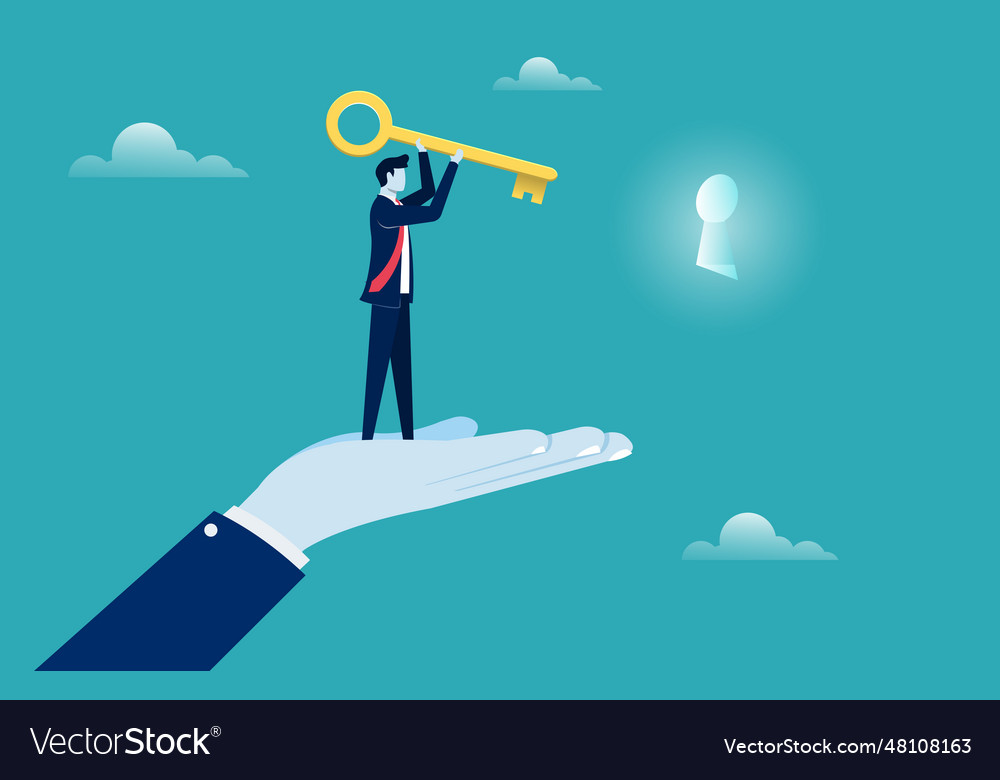 Big hand help businessman to put a key in its Vector Image