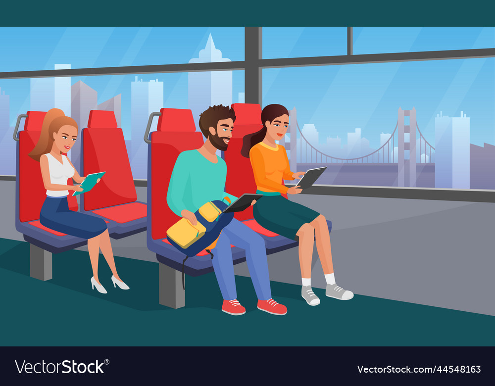 People reading in bus public transport using vector image People reading in bus public transport using