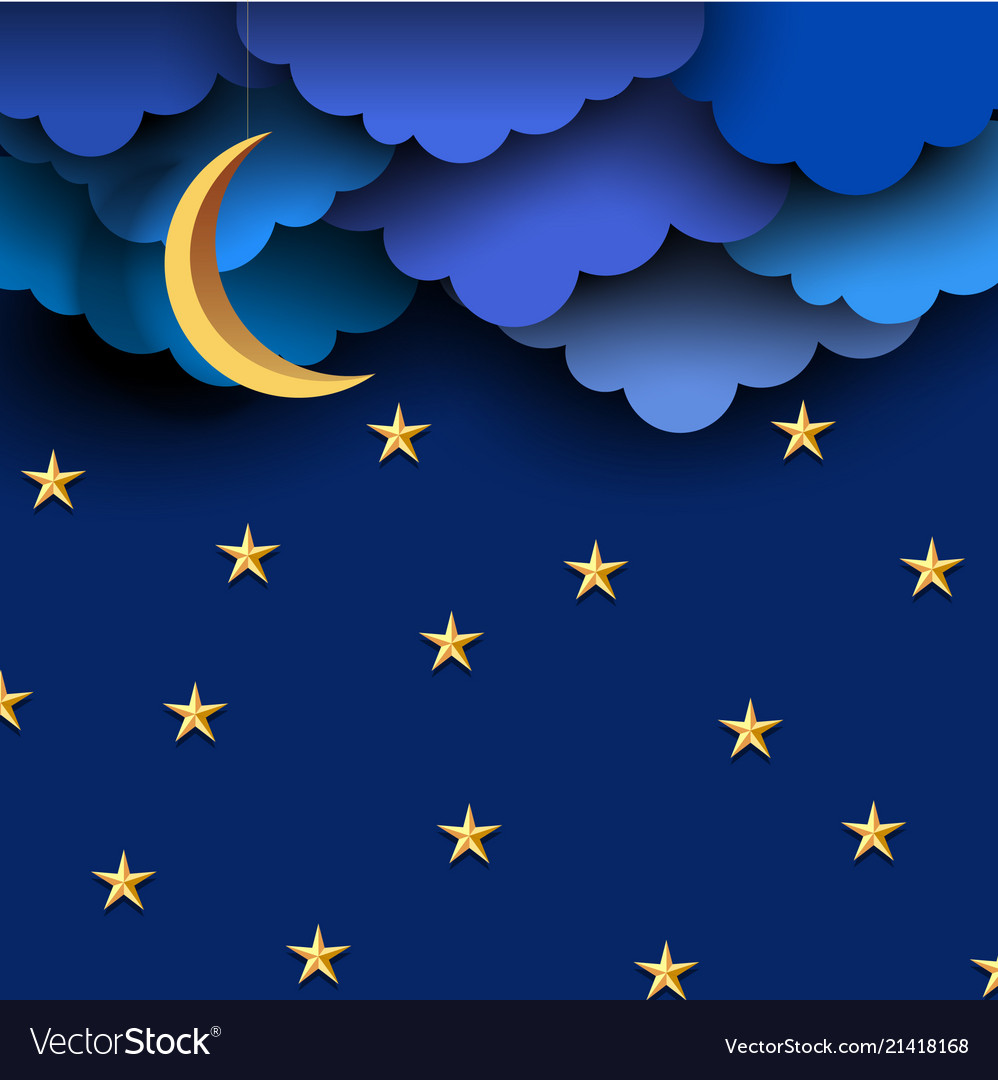 Blue paper clouds on night sky with paper moon Vector Image