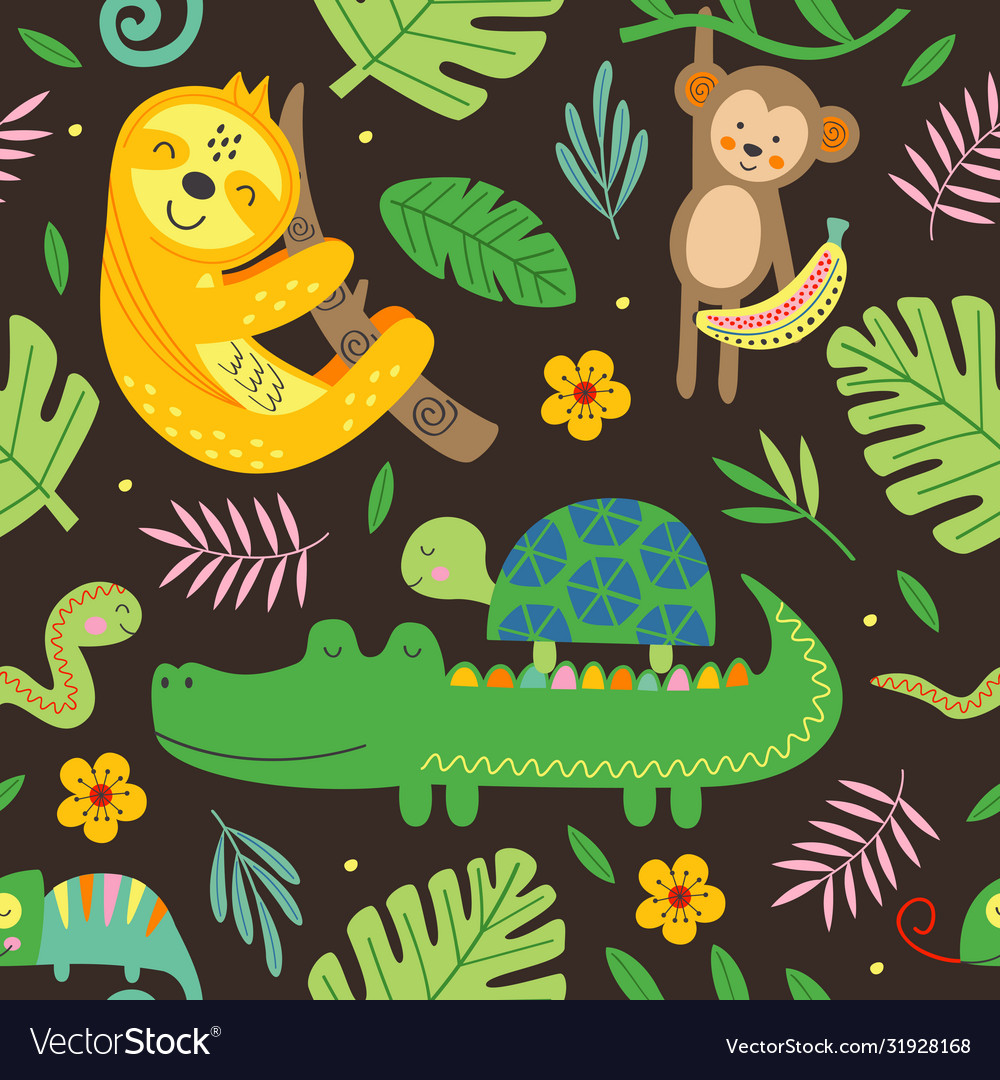 Seamless pattern with funny jungle animals vector image Seamless pattern with funny jungle animals