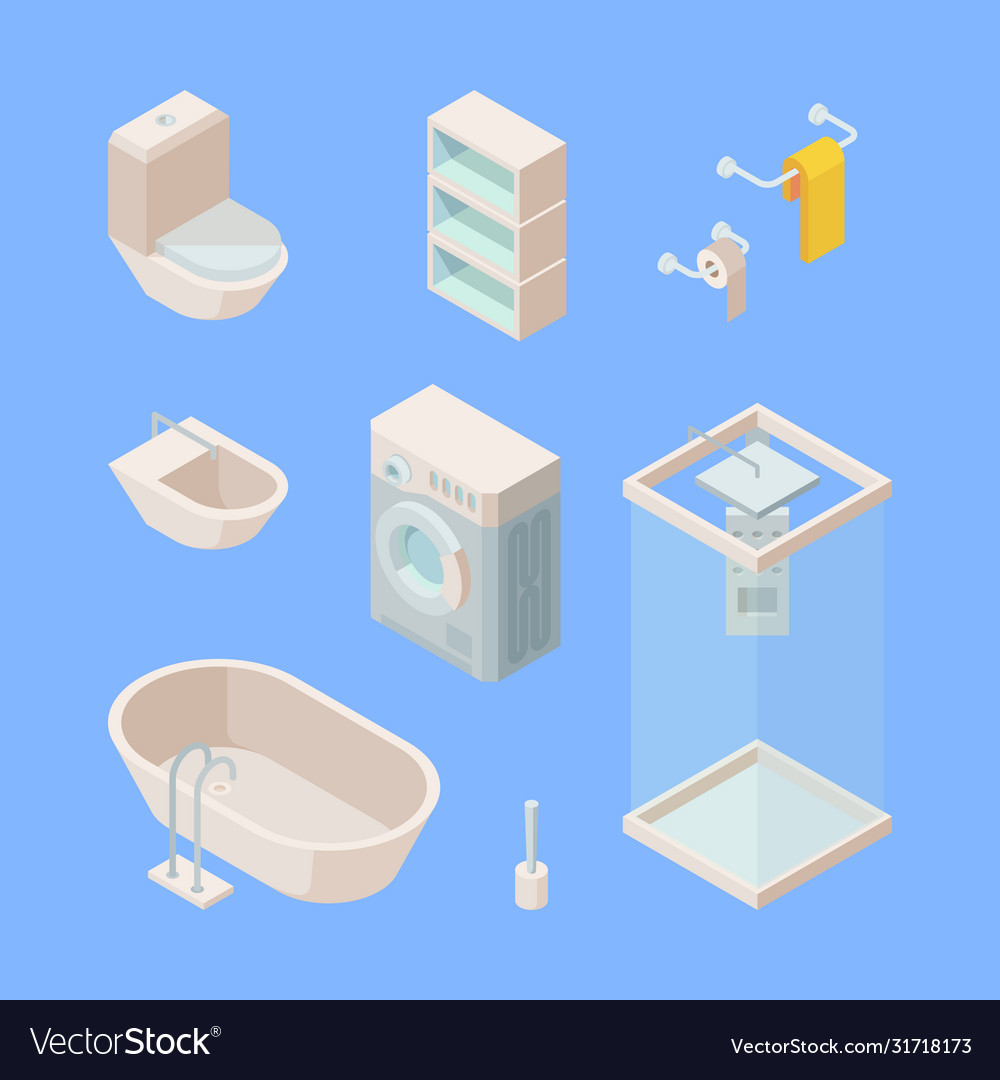 Bathroom isometric set controlled shower washing vector image Bathroom isometric set controlled shower washing