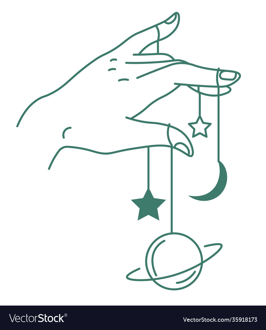 Hand holding planets and stars on threads magic Vector Image