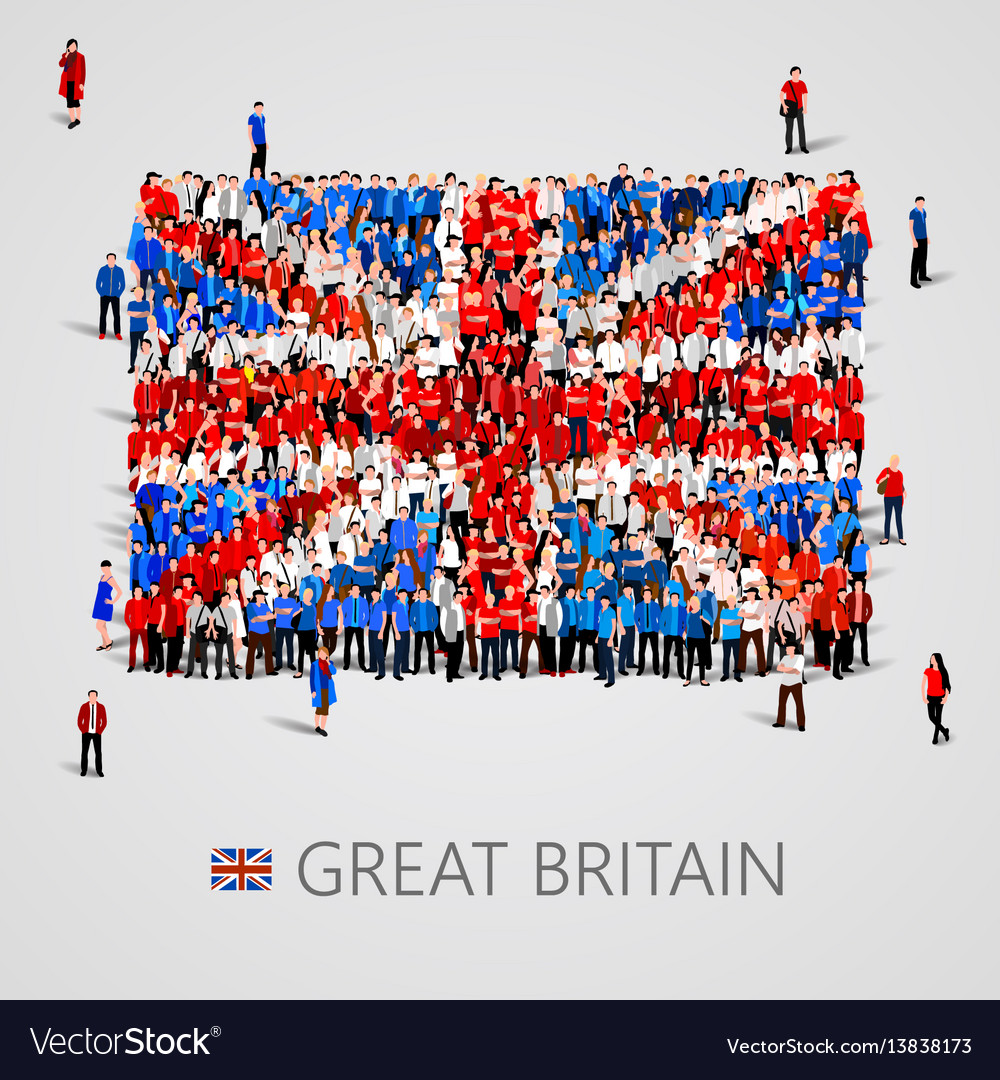 Large group of people in the great britain flag