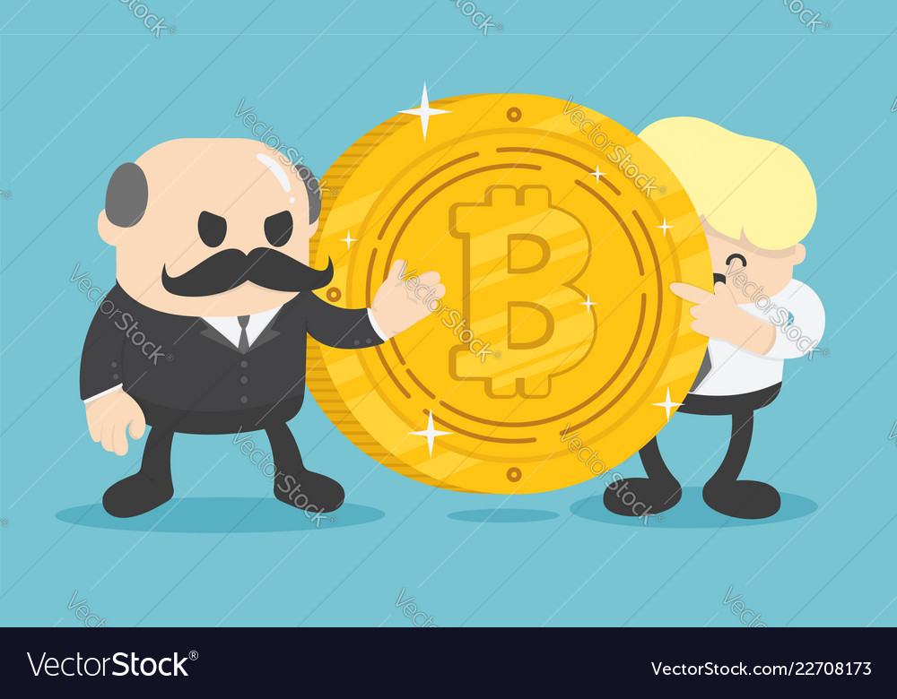 Two businessmen who are offering bitcoin coins