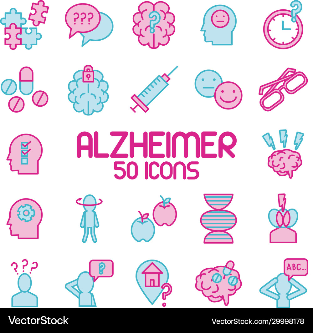 Bundle alzheimer set icons and lettering Vector Image
