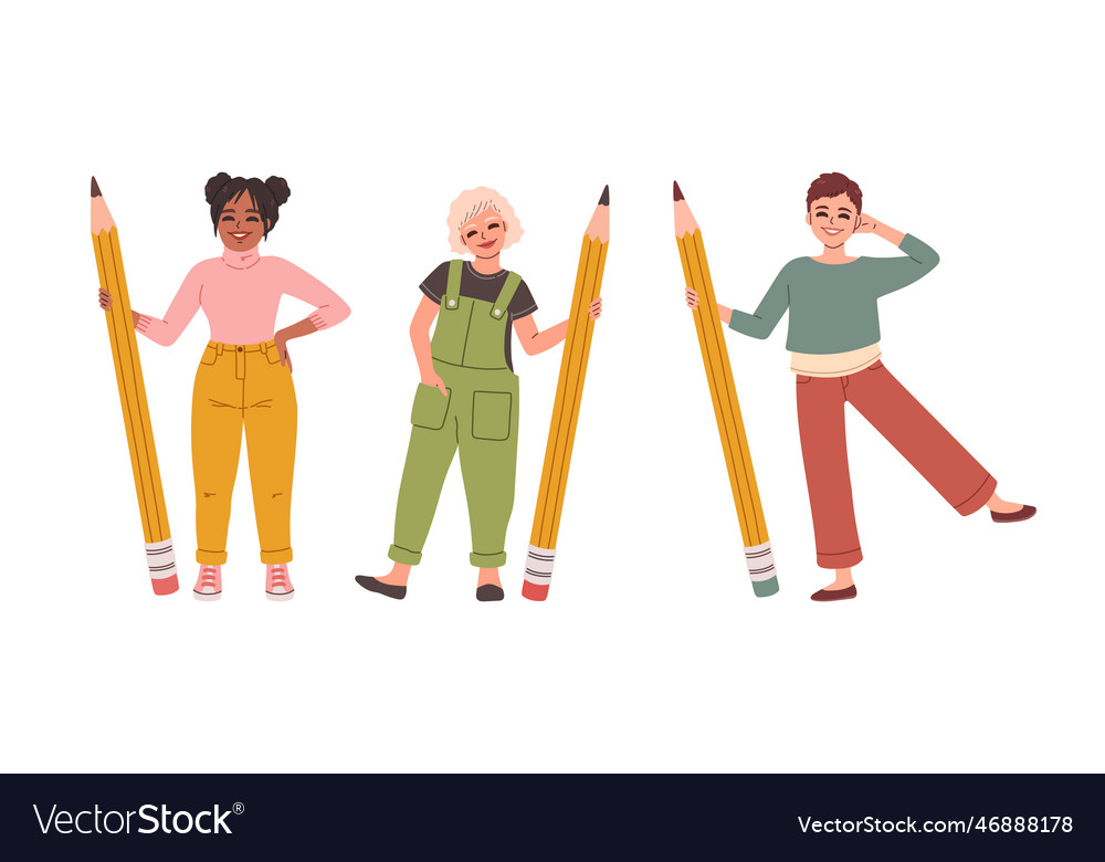 Cute student girl standing with a large pencil set