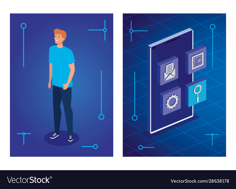 Youn man with smartphone device and app menu vector image Youn man with smartphone device and app menu
