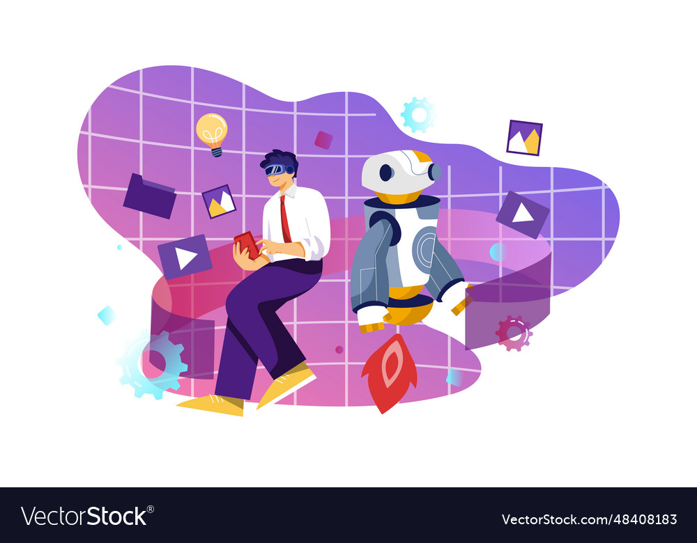 Businessman use data of robots on a smartphone Vector Image Businessman use data of robots on a smartphone