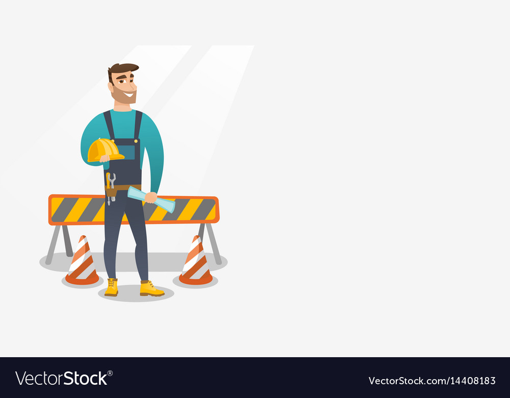 Constructor with hard hat and blueprint