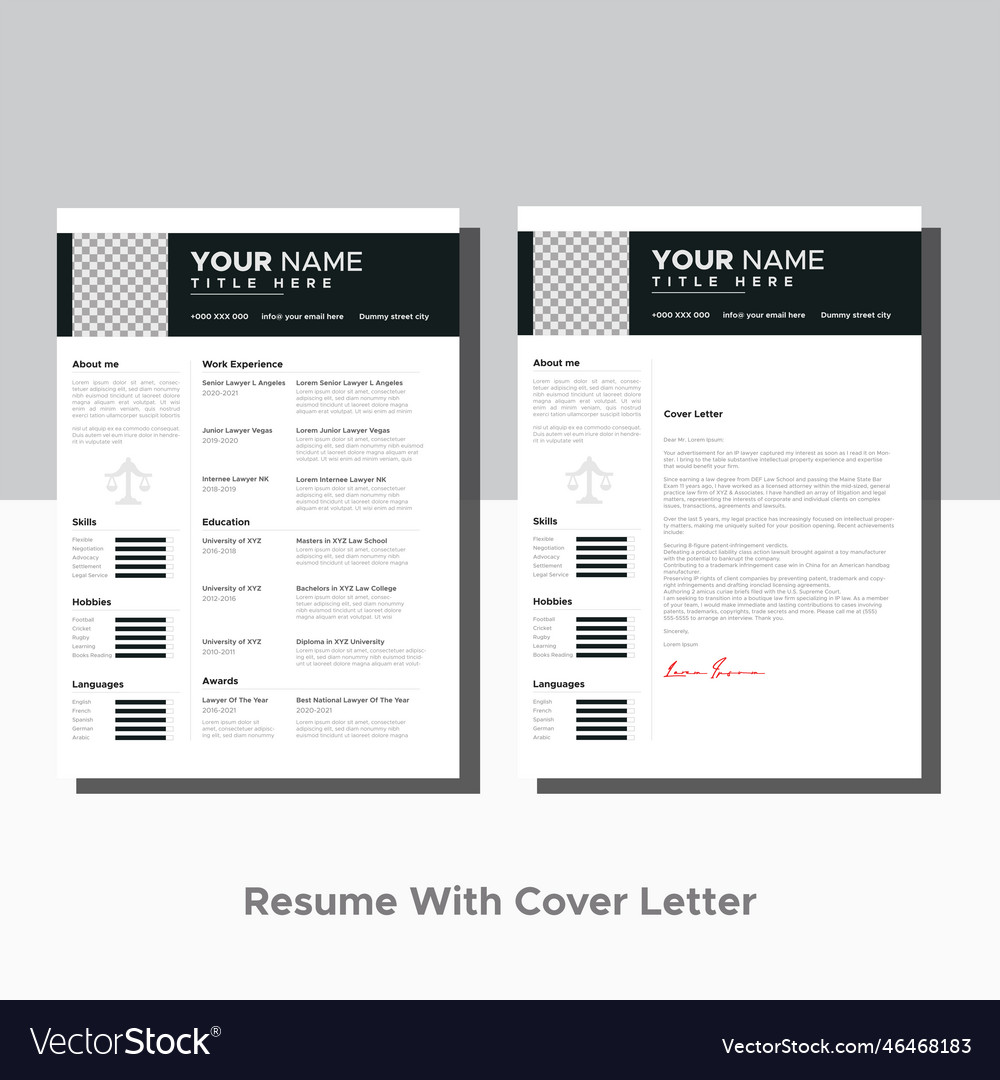 Lawyer cv resume template Royalty Free Vector Image