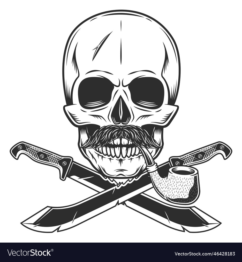 Skull smoking pipe and mustache with machete Vector Image