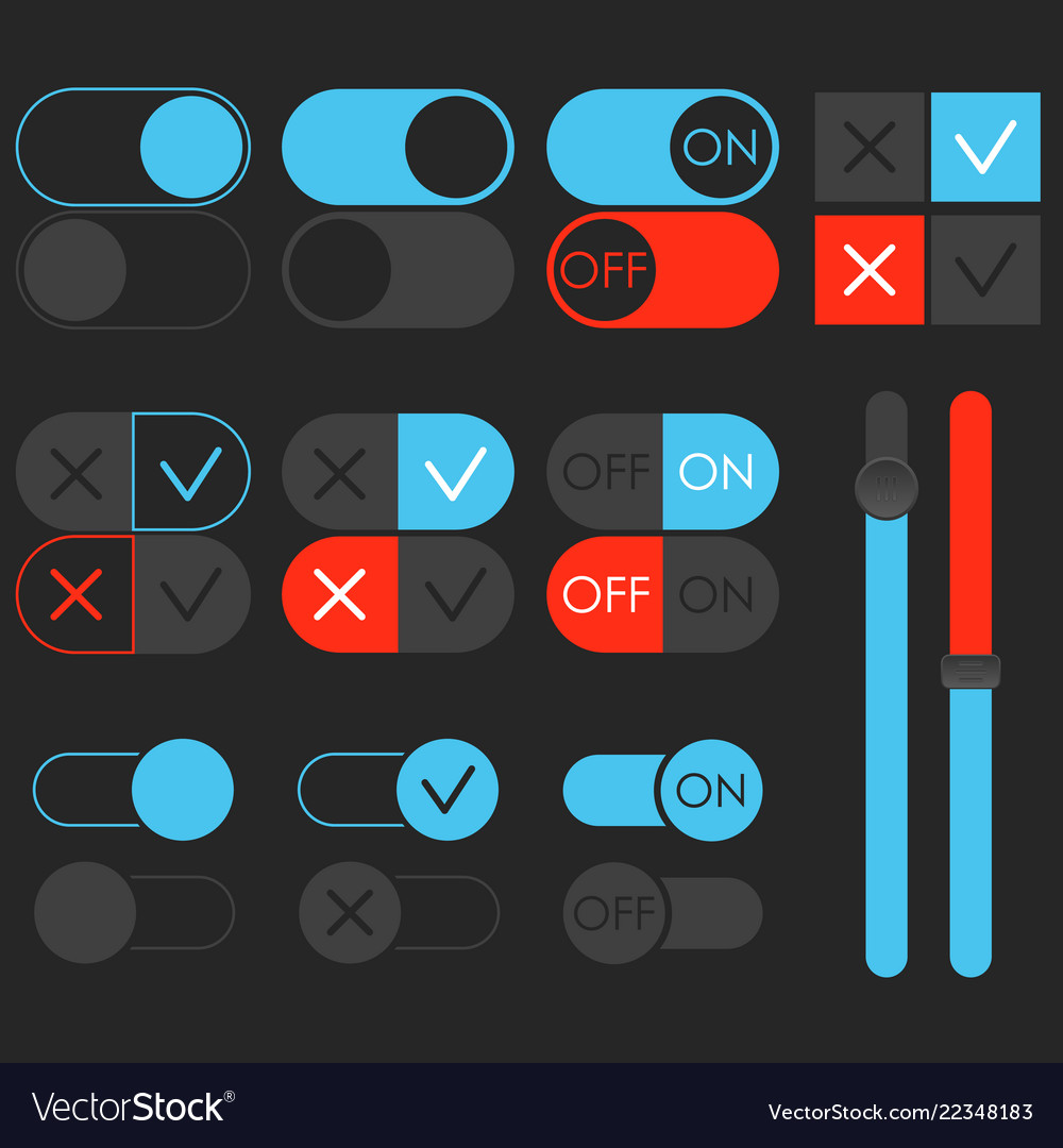 Toggle switch set dark theme on and off vector image Toggle switch set dark theme on and off