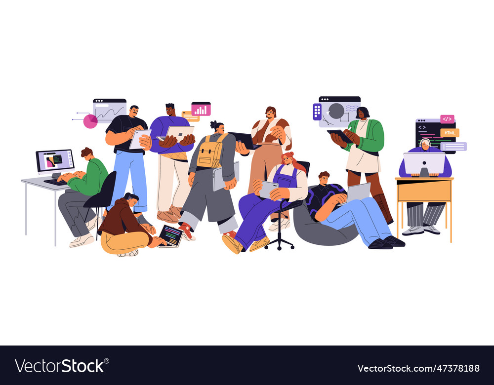 Coders software engineers team at work vector image Coders software engineers team at work
