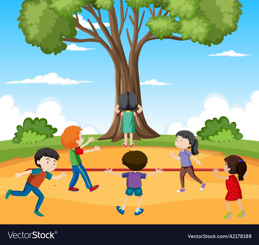 Outdoor scene with children playing game red