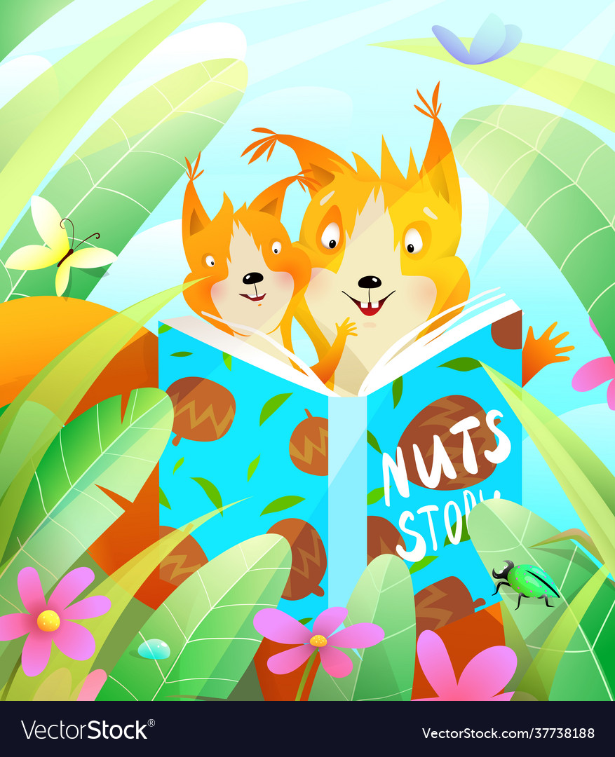 Squirrel mother reading book to her baby in forest Squirrel mother reading book to her baby in forest