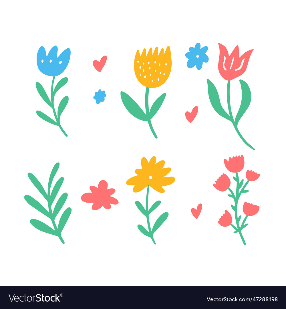 Floral flowers set in cartoon style flat design