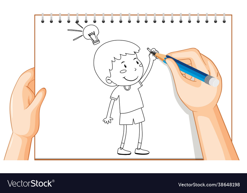 Hand drawing kid with idea lamp outline