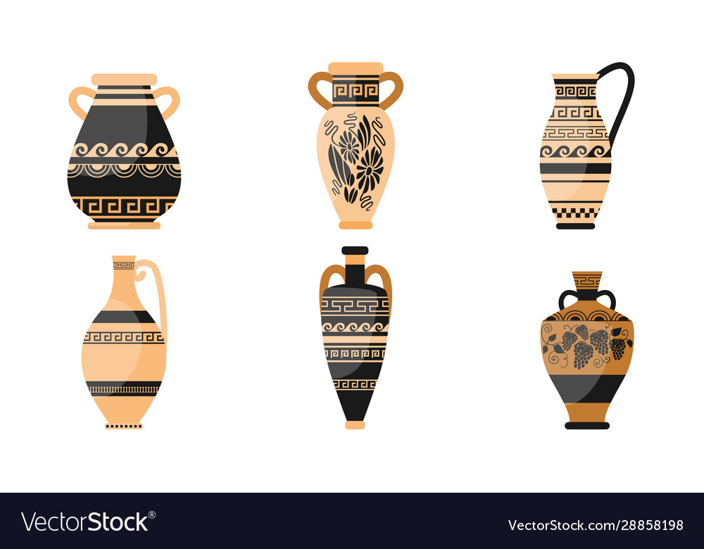Set clay jugs with different patterns Royalty Free Vector