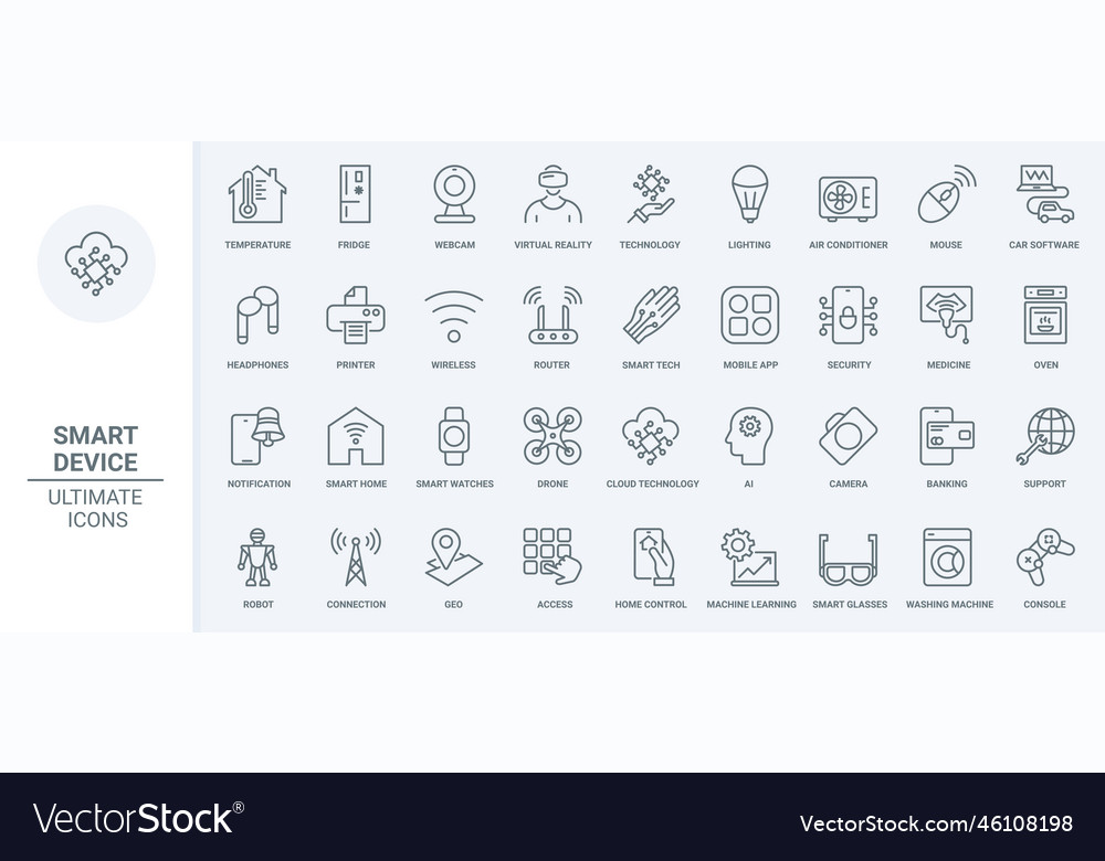 Smart home devices thin line icons set virtual vector image Smart home devices thin line icons set virtual
