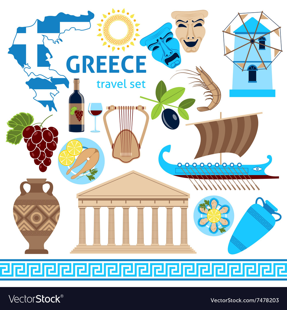 Greece symbols touristic set flat composition Vector Image