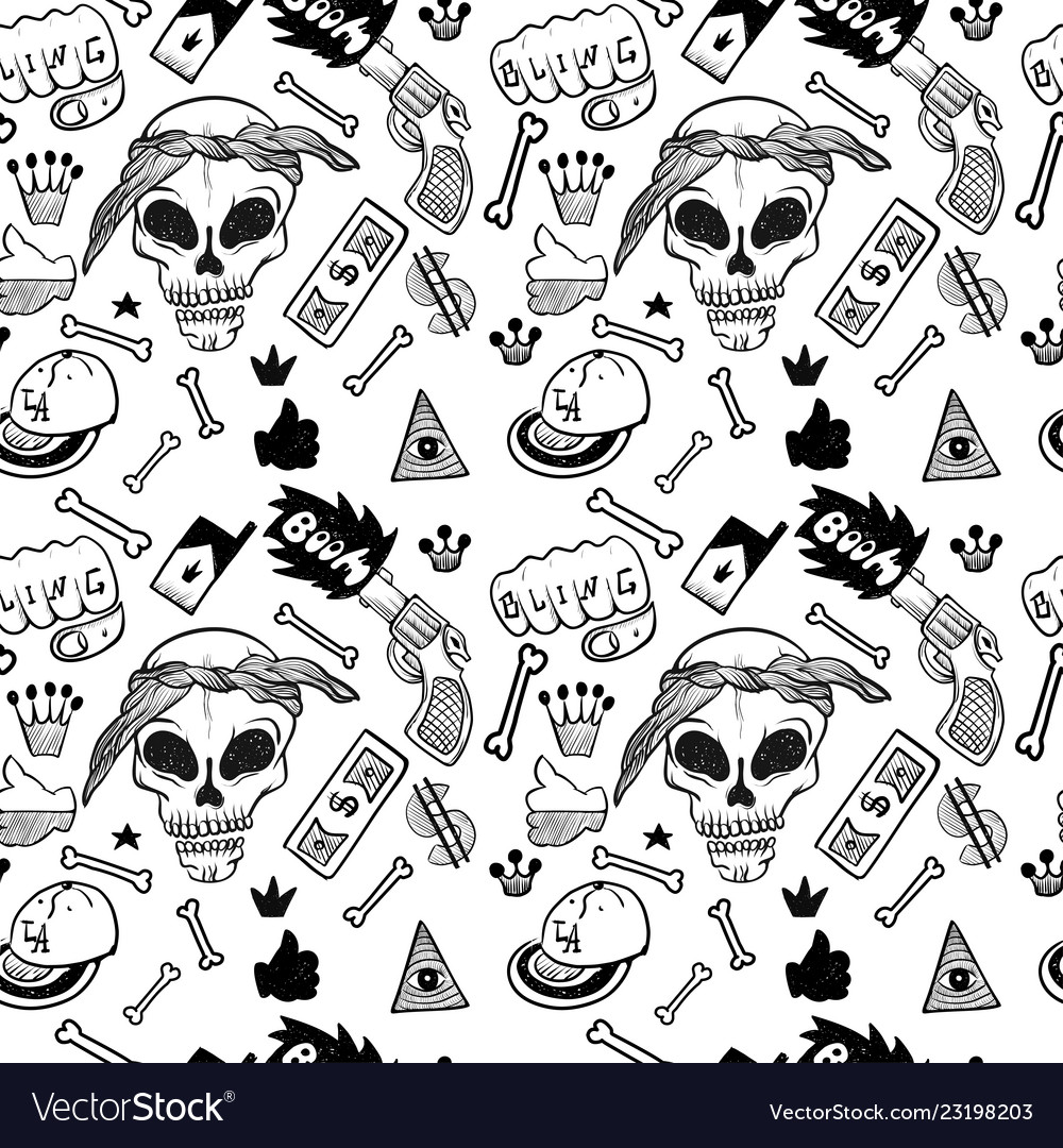 Rap music hip hop doodle pattern with