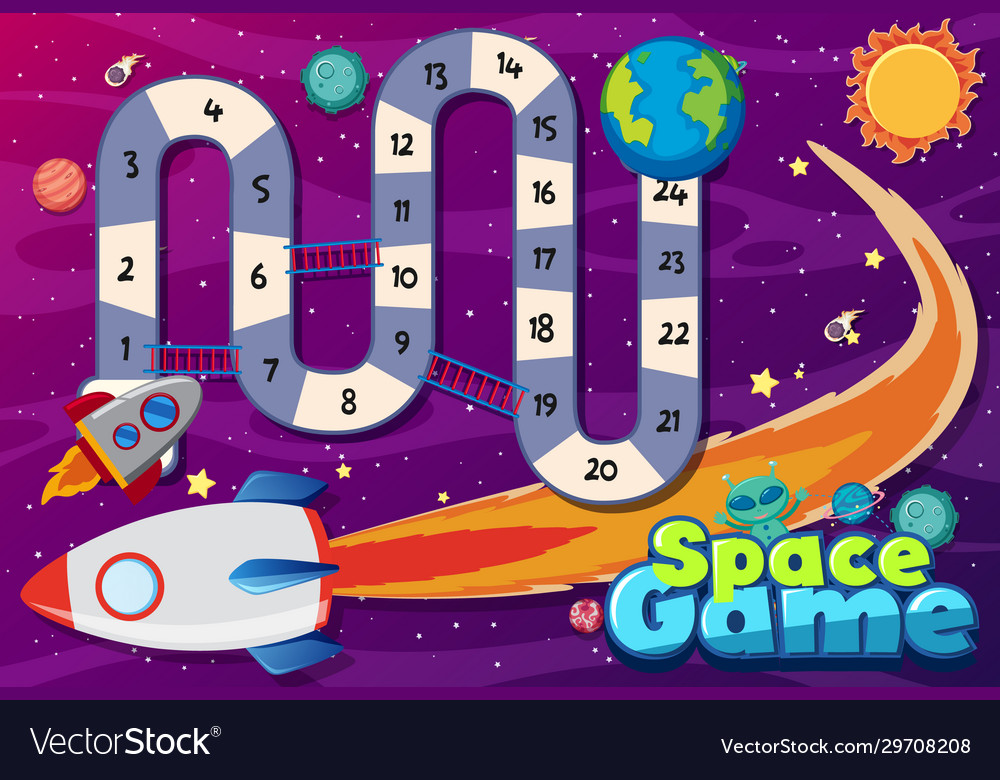 Game template with spaceship flying in space vector image Game template with spaceship flying in space