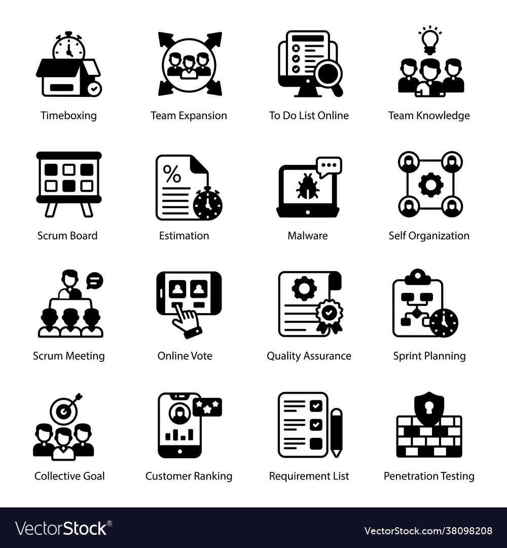Pack agile and scrum development solid icons