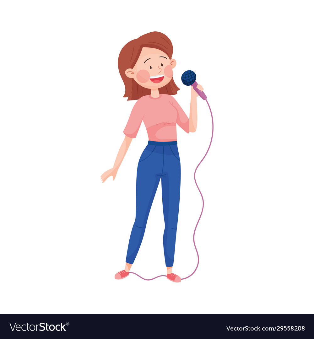 Street young girl performer holding microphone