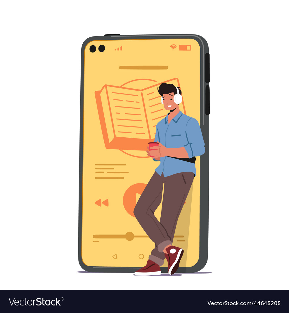 Young man stand at huge smartphone listen book