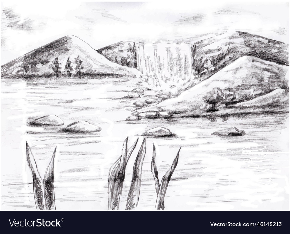 Pencil drawing of nature mountains waterfall Vector Image