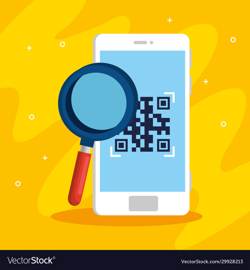 Scan qr code with smartphone and magnifying glass Vector Image Scan qr code with smartphone and magnifying glass