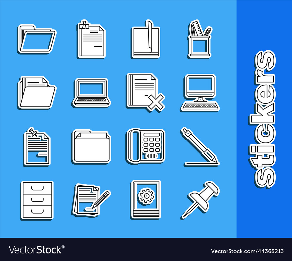 Set line push pin pen computer monitor vector image Set line push pin pen computer monitor