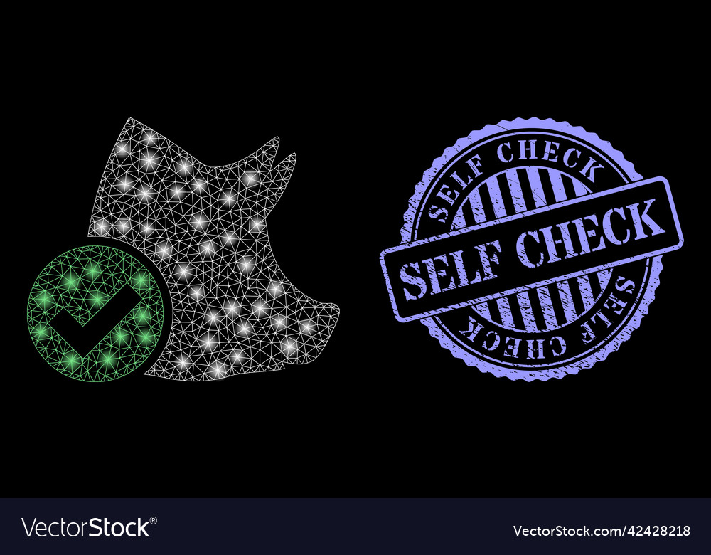 Scratched self check badge and constellation mesh vector image Scratched self check badge and constellation mesh