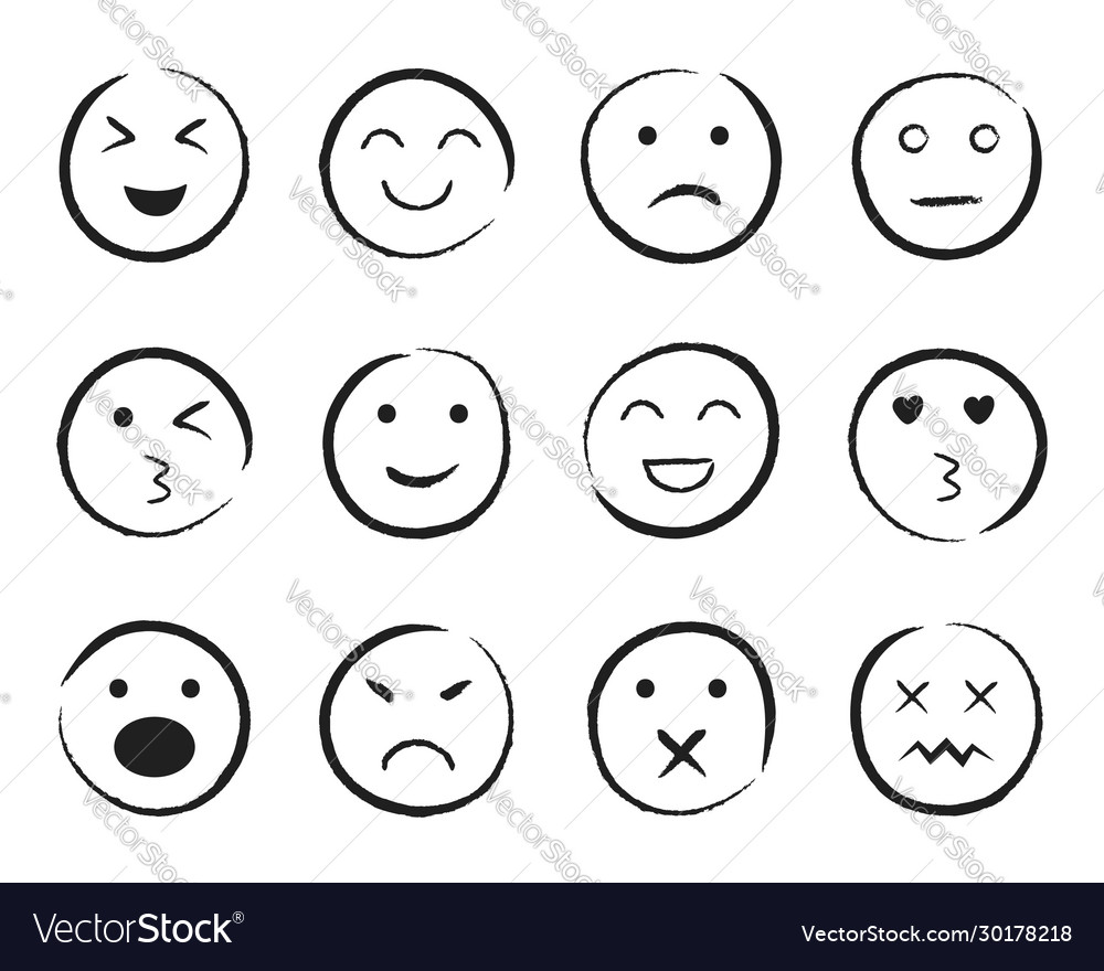 Set happy face hand drawn style sketch smiley Vector Image