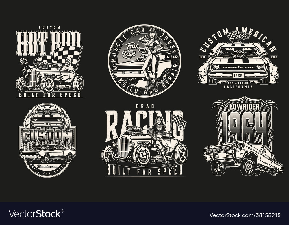 Vintage monochrome custom cars badges Royalty Free Vector