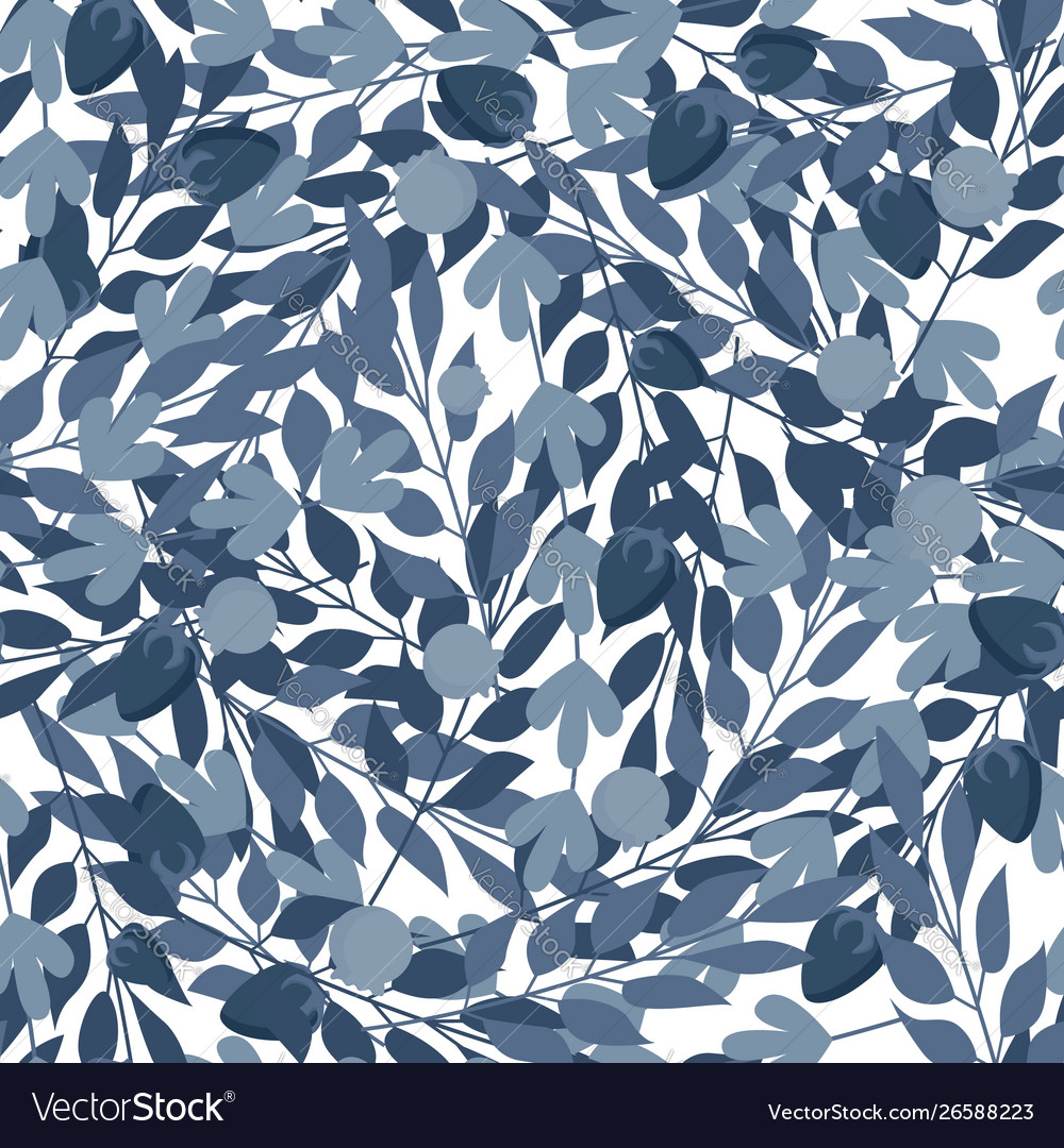 Blue herbal leaves seamless pattern on white