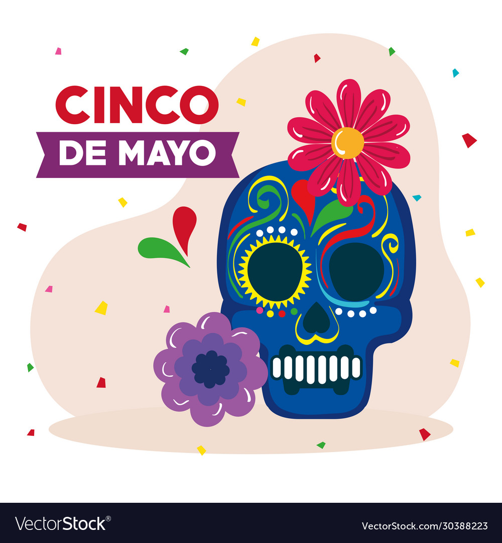 Cinco de mayo poster with skull and flowers