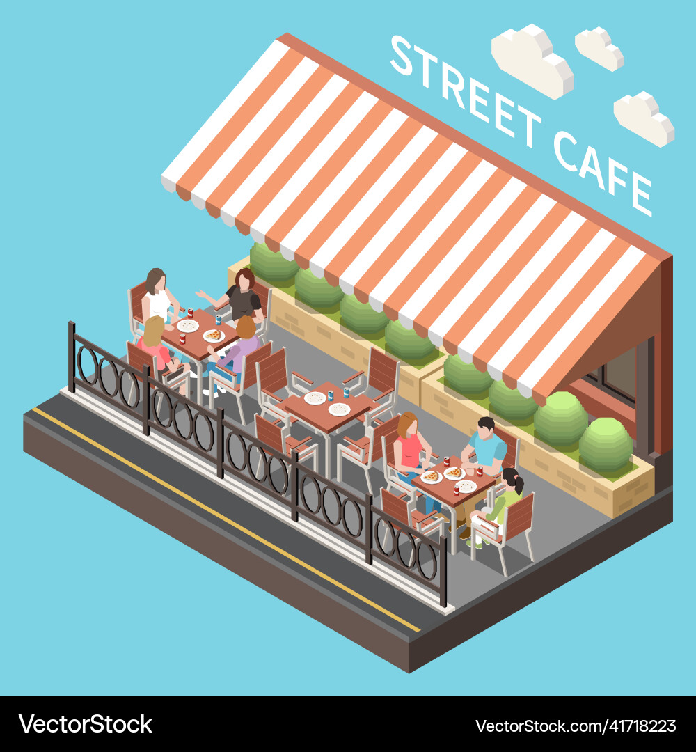 Colored Isometric Street Cafe Terrace Composition Vector Image