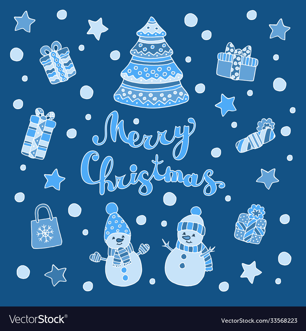 Greeting card with christmas tree snowmen Vector Image