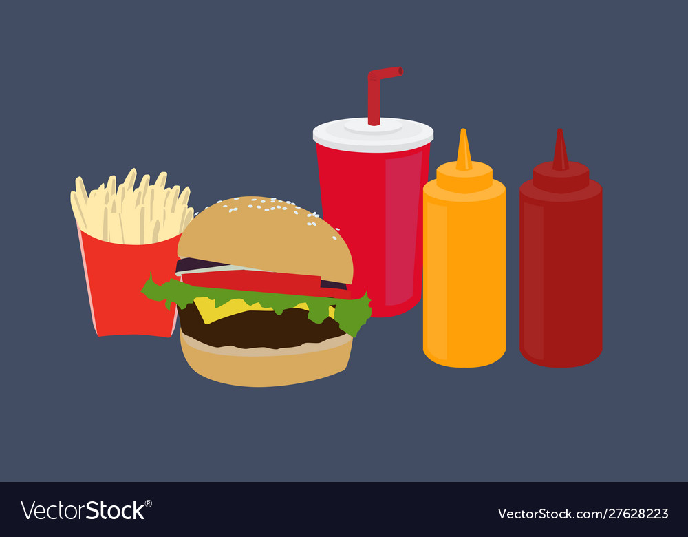 Hamburger ketchup and mustard fries beverage Vector Image