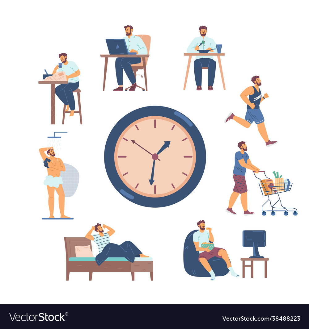 Scenes man daily routine chores around clock Vector Image