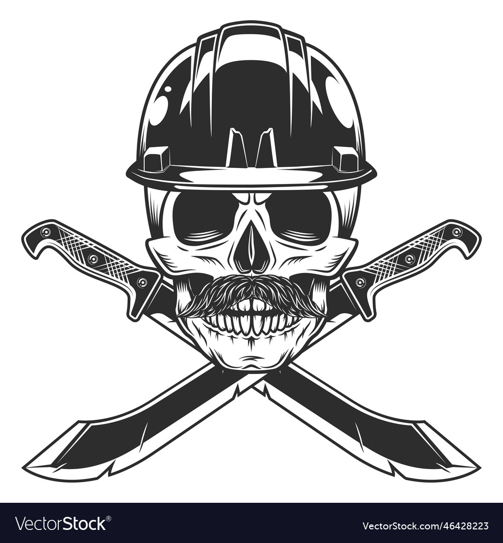 Skull in hard hat and mustache with machete Vector Image