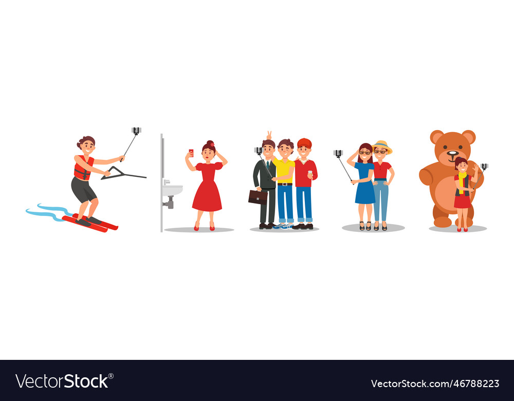 Young man and woman holding selfie stick vector image Young man and woman holding selfie stick