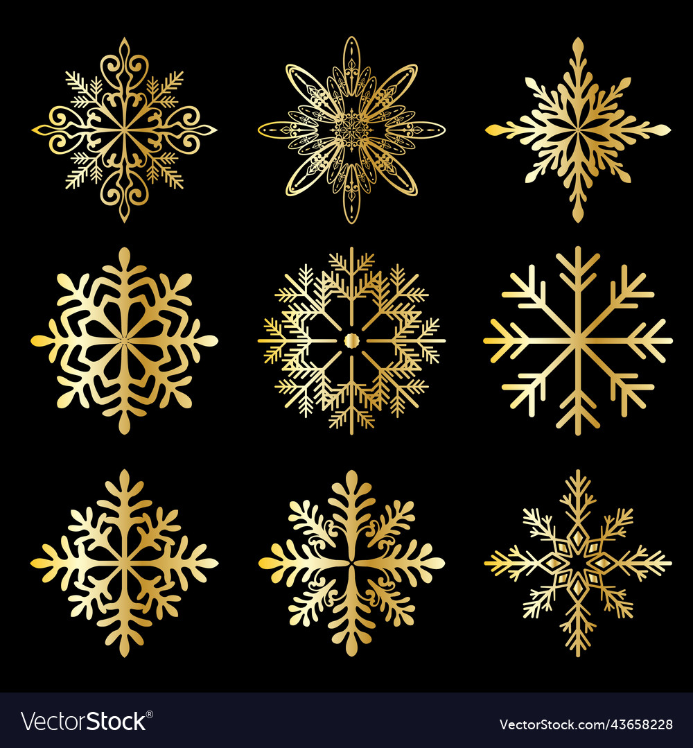 Gold christmas snowflake icons set